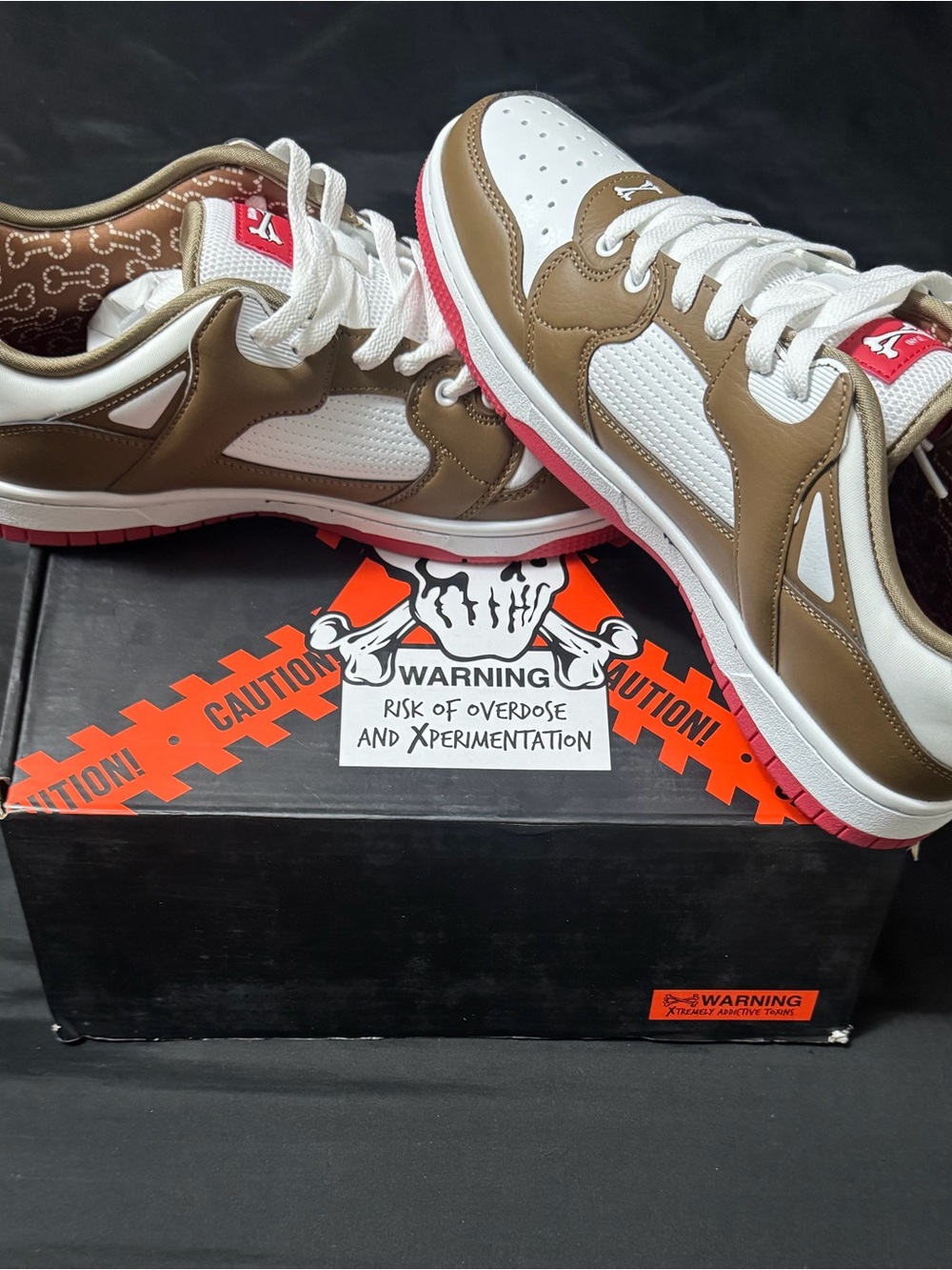 Men's Low-Top Sneakers in White and Brown with Pink Sole